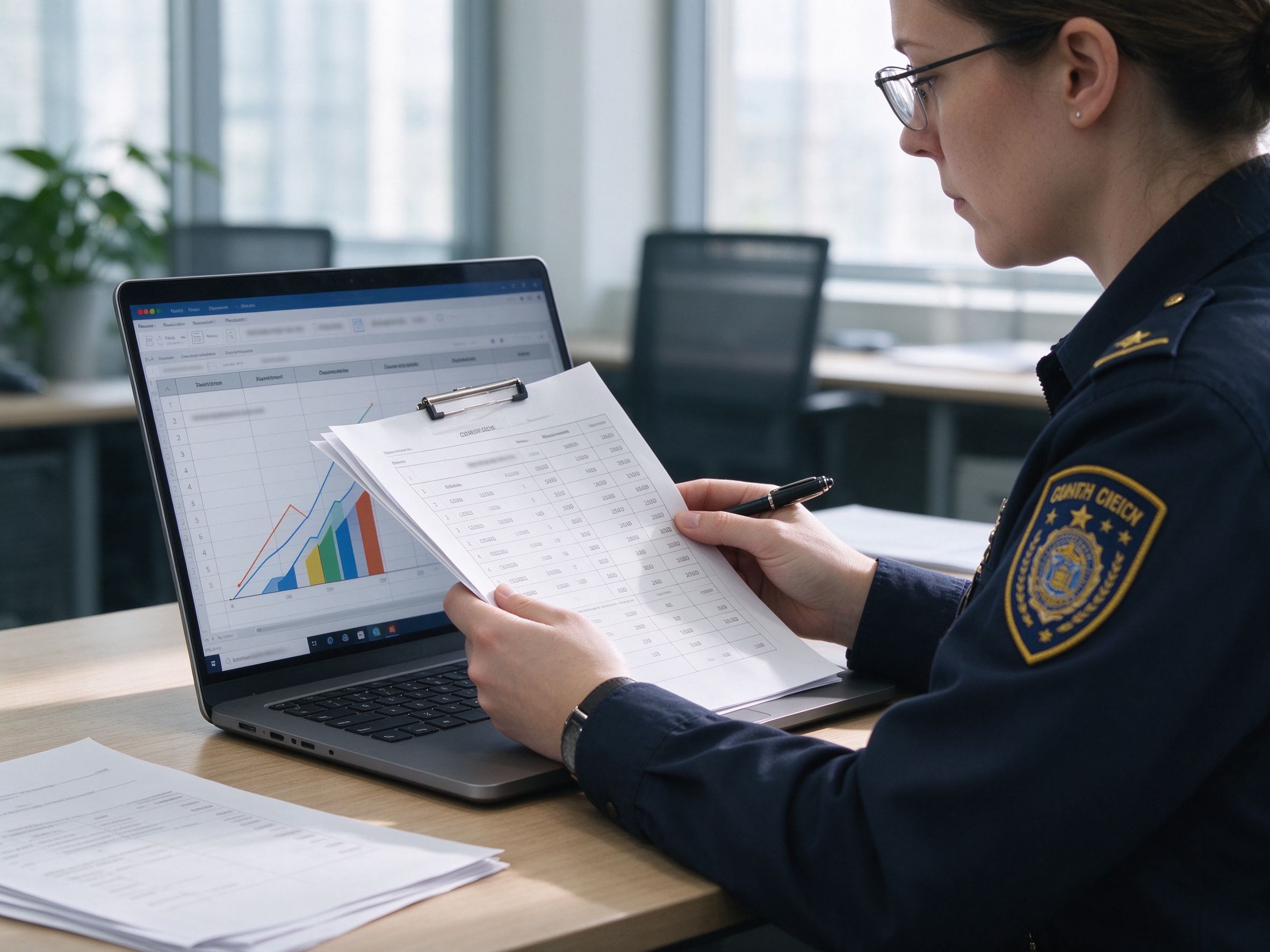 Compliance officer reviewing automated evidence reports on a laptop