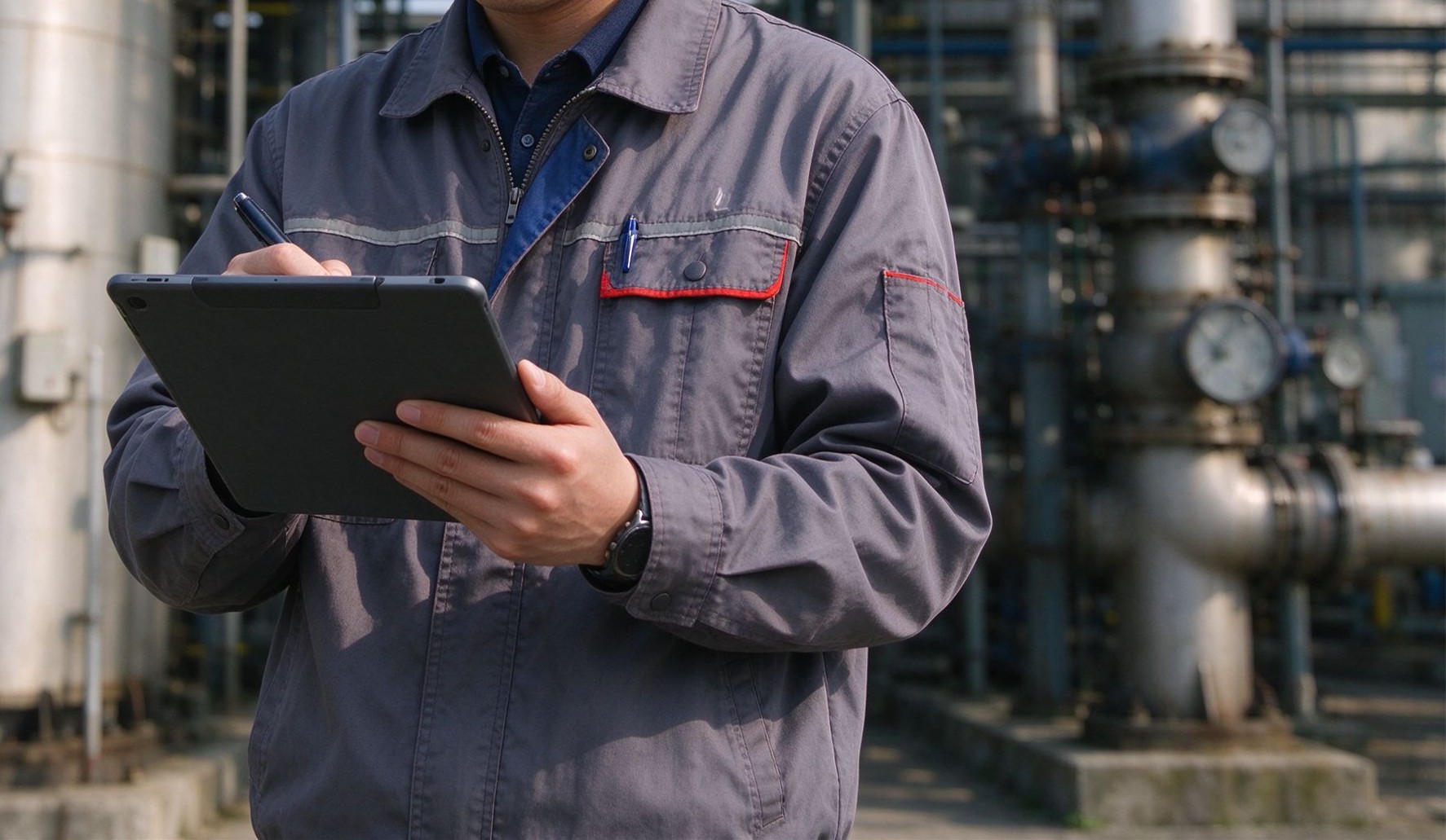 Field technician using a tablet to close out a scheduled maintenance job