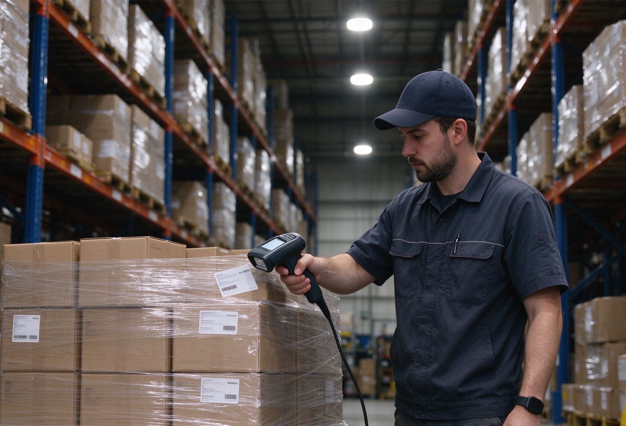 Warehouse operator scanning a pallet label with a handheld device