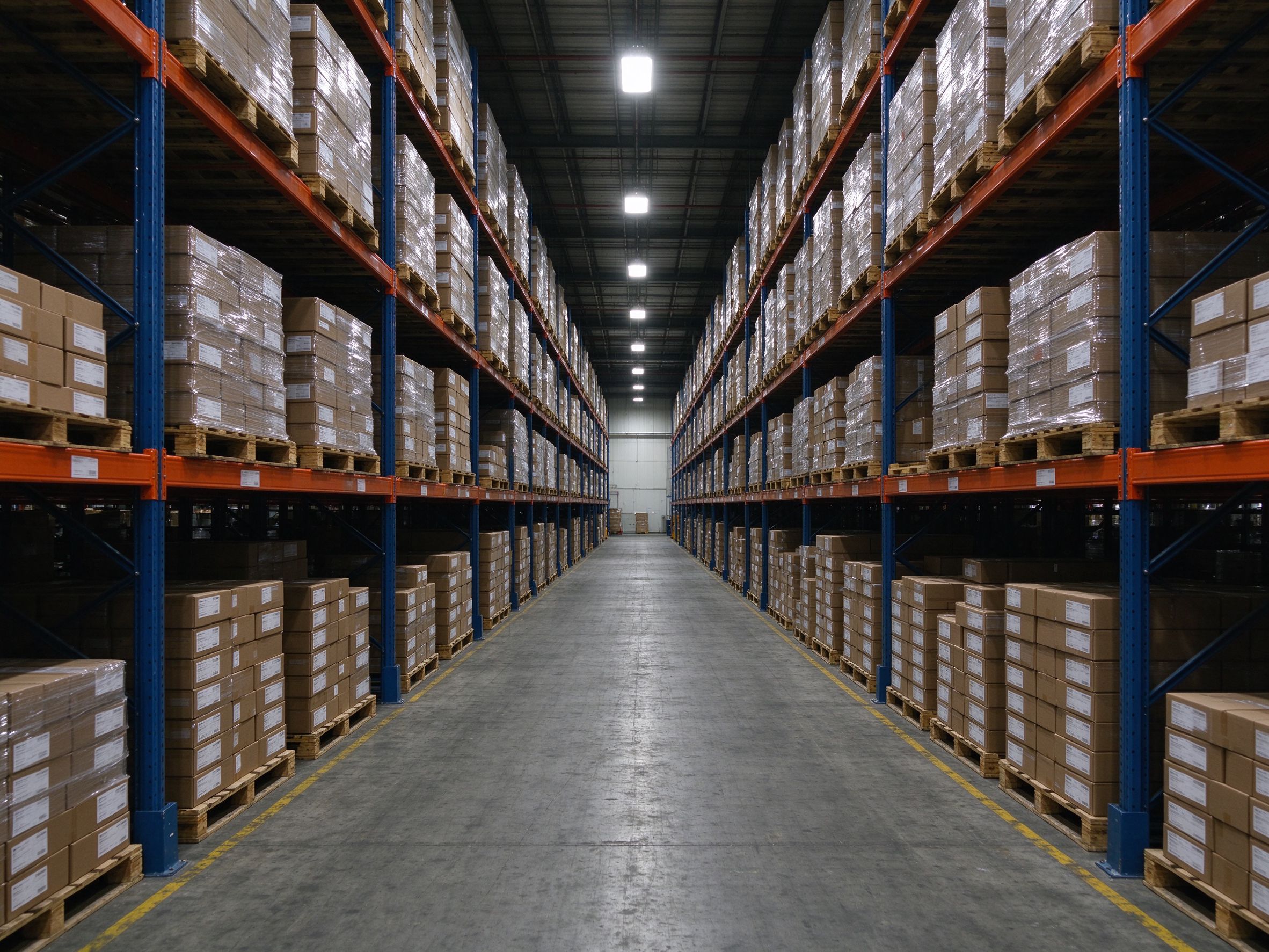 Warehouse aisle showing racking and labelled pallet storage