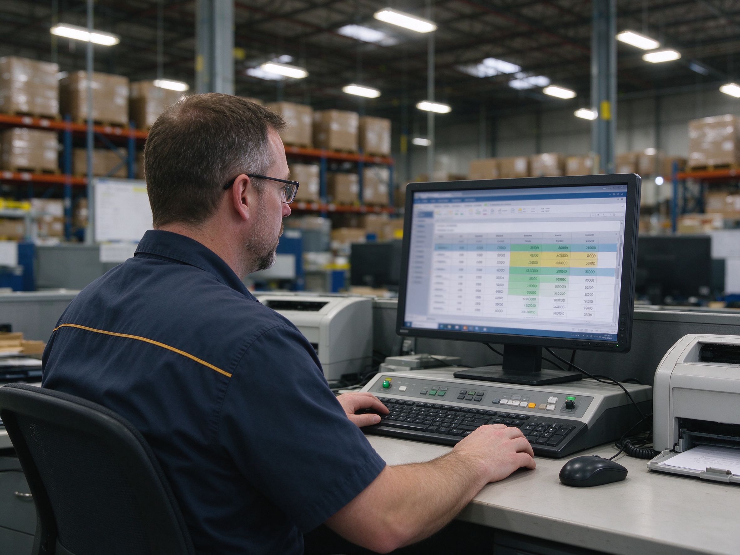 Warehouse supervisor reviewing stock figures on a desktop console