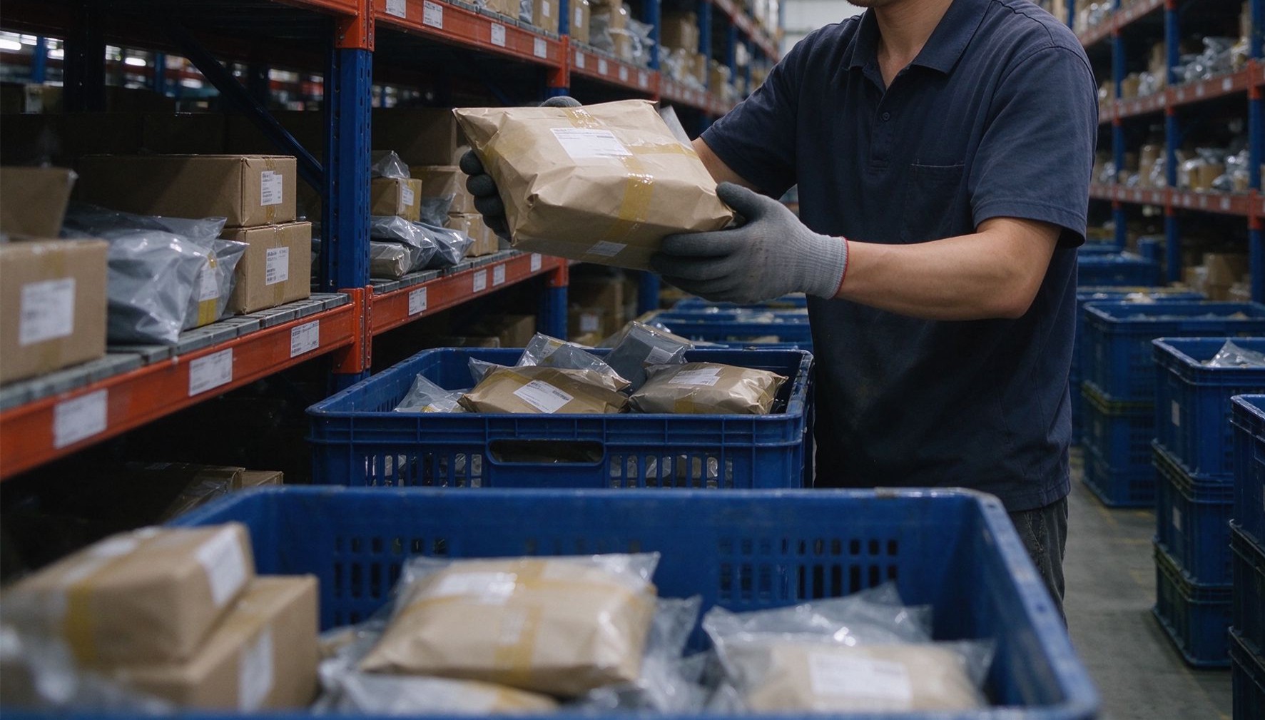 Warehouse pick face with items staged for dispatch against portal orders