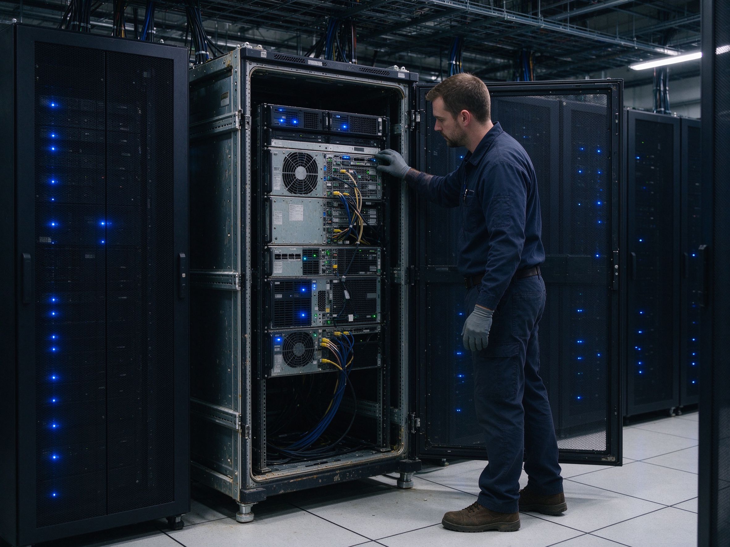 Data centre rack being decommissioned after a staged cloud migration