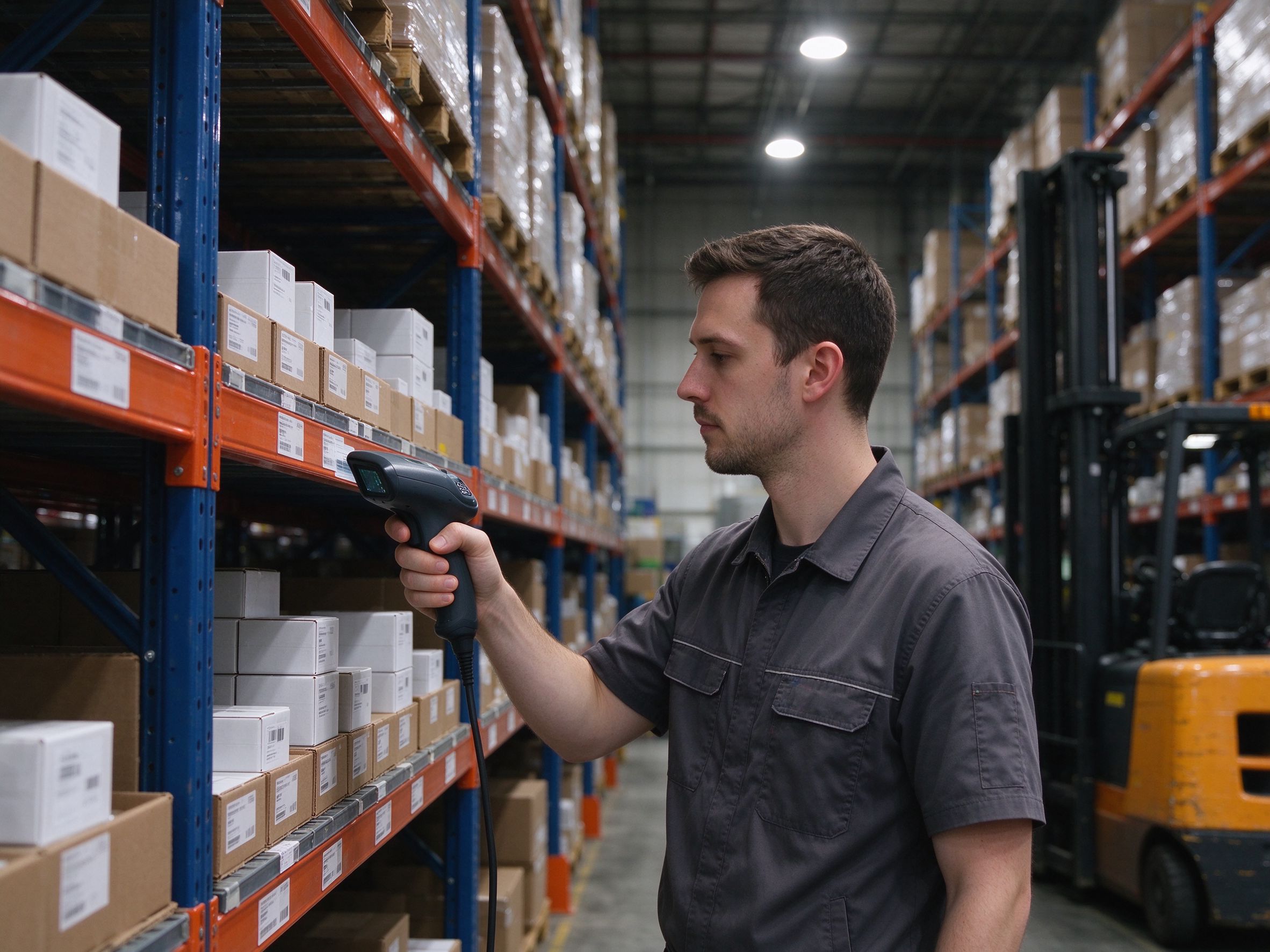 Warehouse picker scanning stock locations with a handheld device