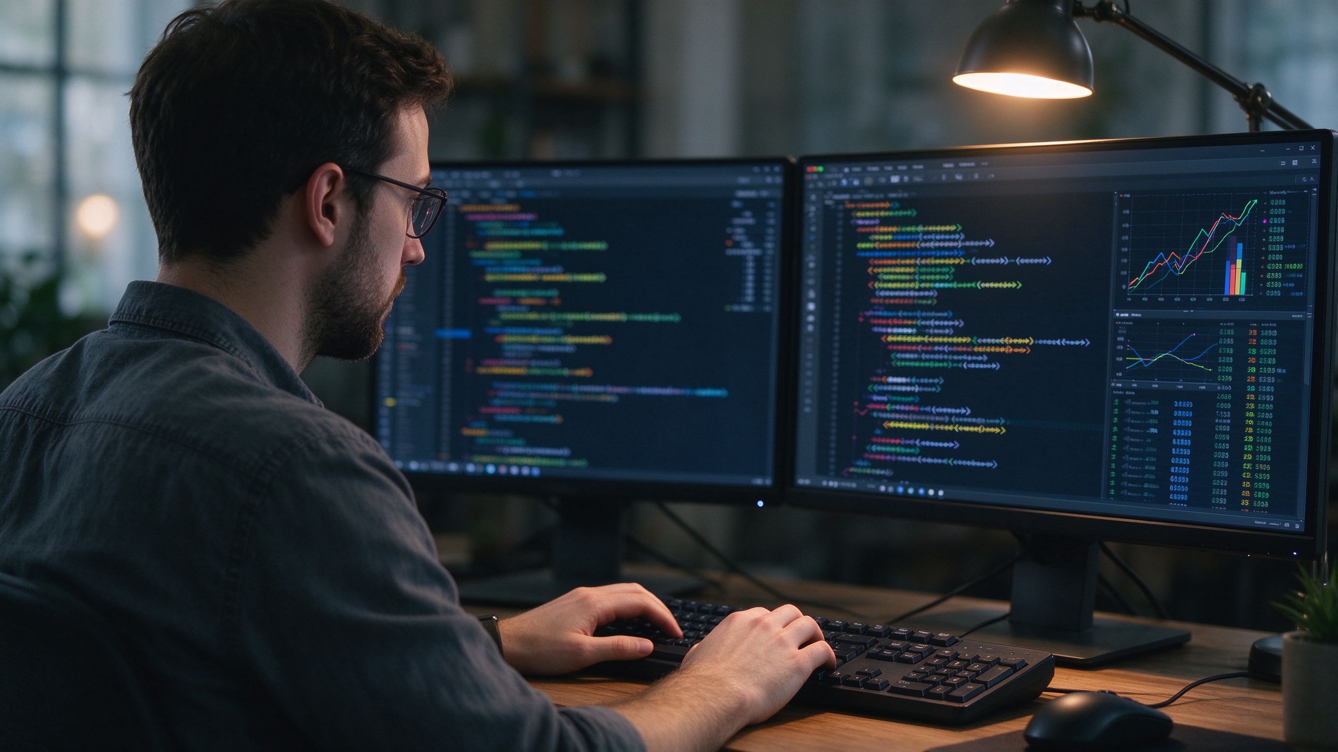 Developer reviewing application code and a data model for a custom line-of-business system