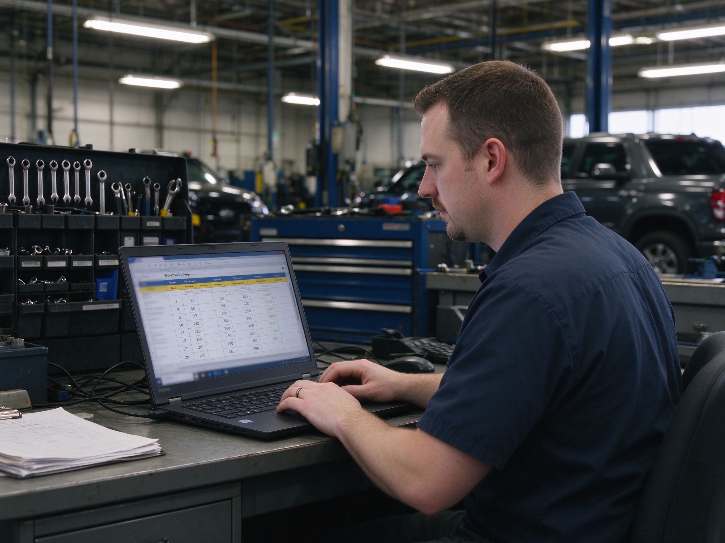 Maintenance planner reviewing a weekly job schedule on a laptop in a depot office