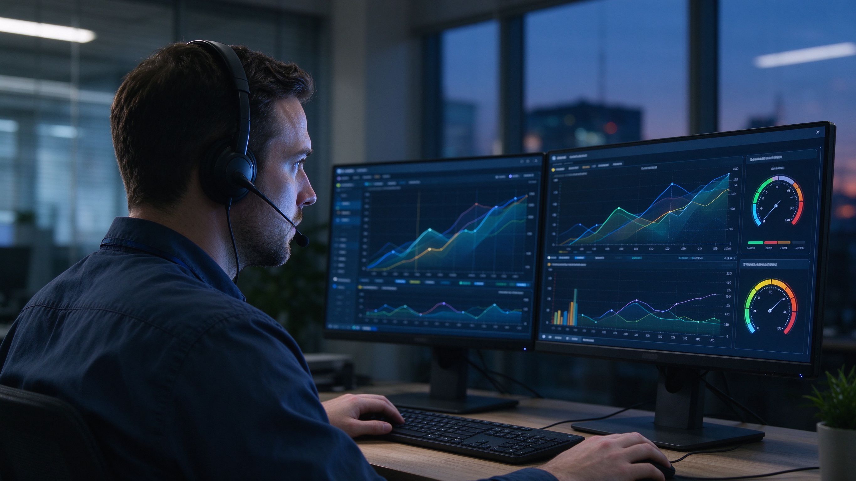 Engineer monitoring server health and scheduled maintenance tasks on dual screens